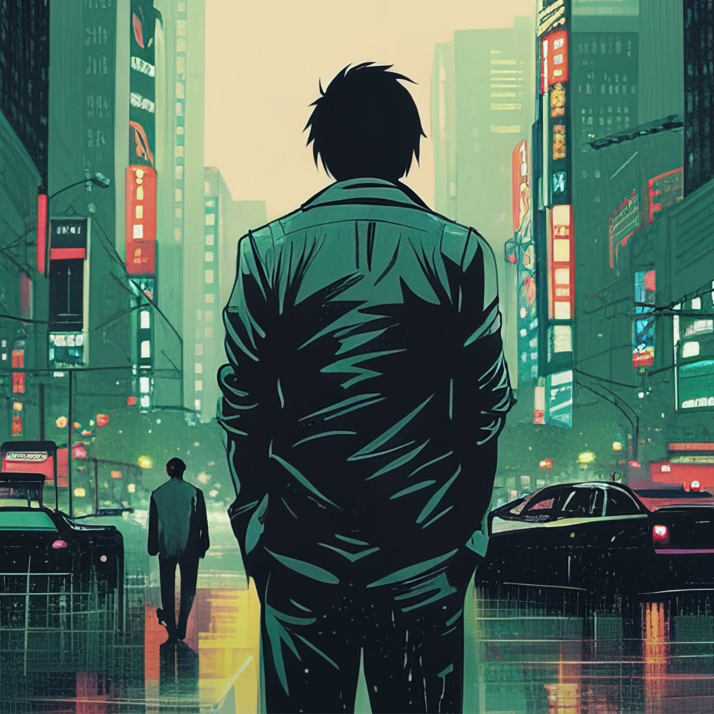 Illustrated portrait of kmAndras from behind, standing in a neon-lit city street